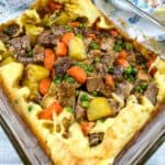 Leftover Roast Beef Yorkshire Pie in a casserole dish.