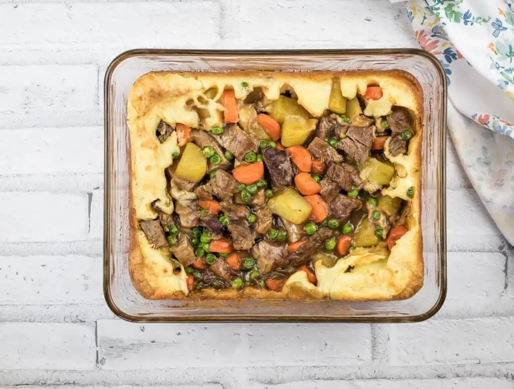 Finished leftover roast beef Yorkshire pudding pie.