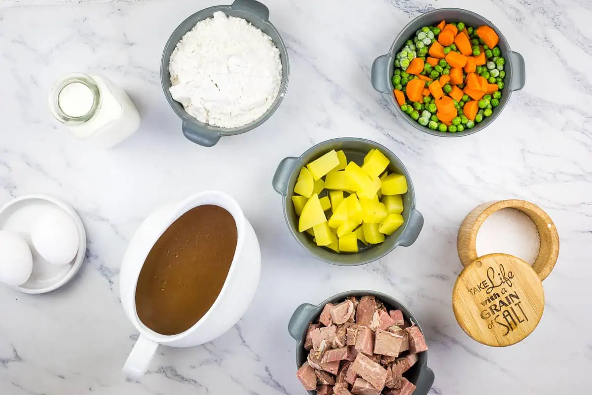 Ingredients to make Leftover Roast Beef Yorkshire Pudding Pie.