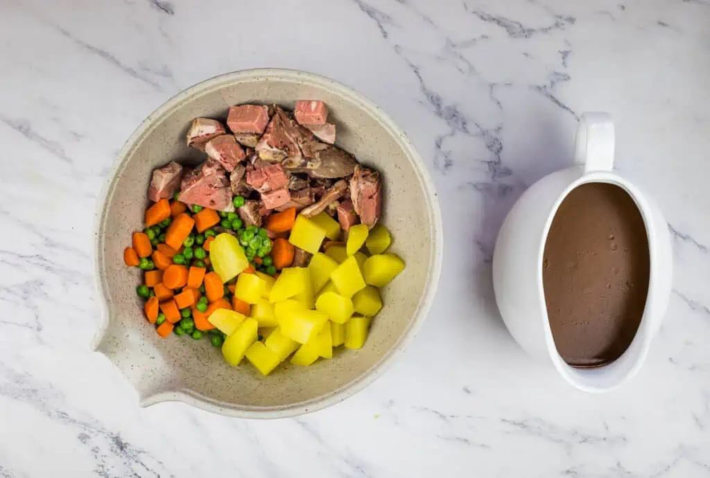 Cut up beef and veggies ready to mix with the gravy.