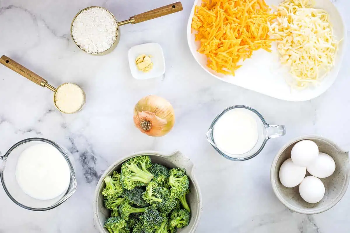 Ingredients to make broccoli 3-cheese impossible quiche.