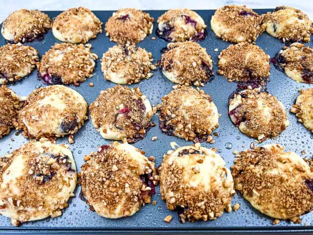 Finished Mini Blueberry Muffins in the muffin pan.