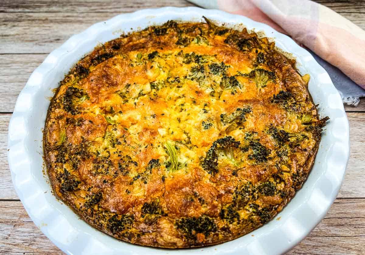 Baked Broccoli 3-Cheese Impossible Quiche in the baking dish.