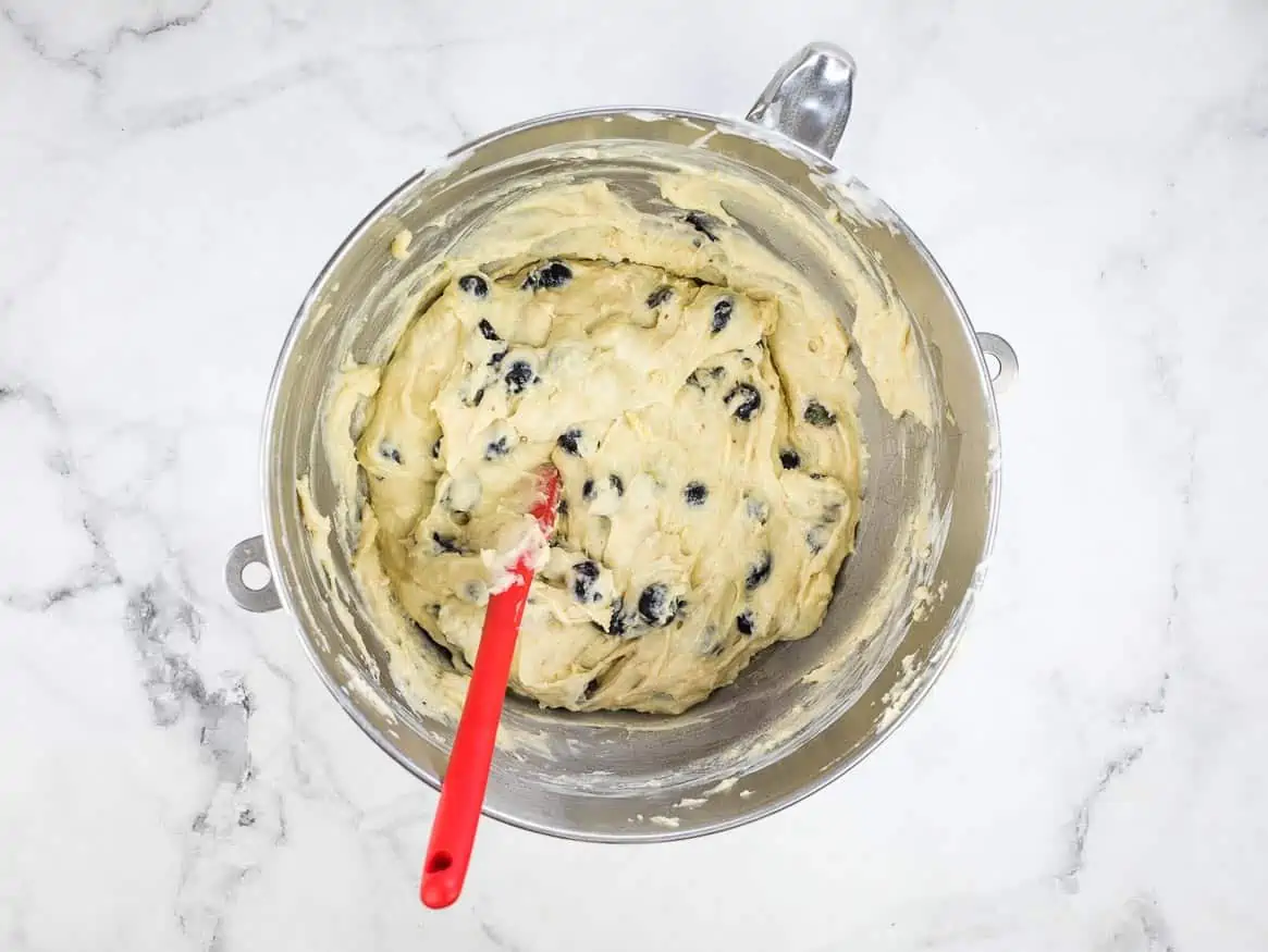 Blueberries folded into the batter.