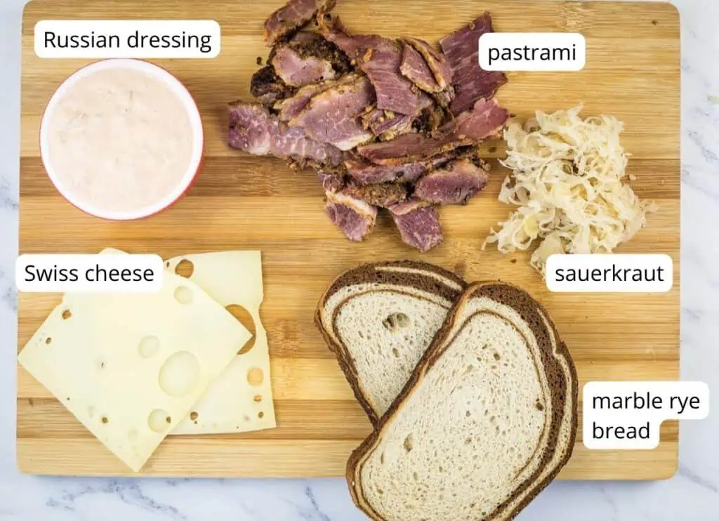 Labeled ingredients to make Pastrami Reuben Sandwich..