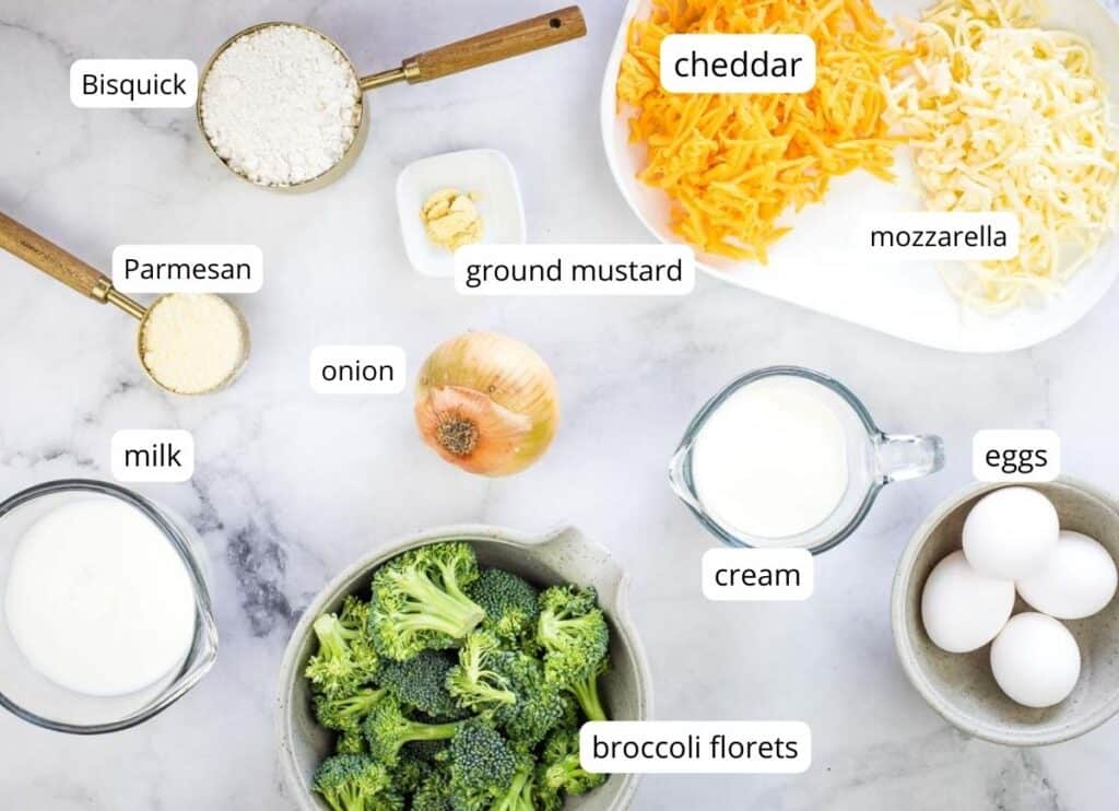 Labeled ingredients to make Broccoli 3-Cheese Impossible Quiche.