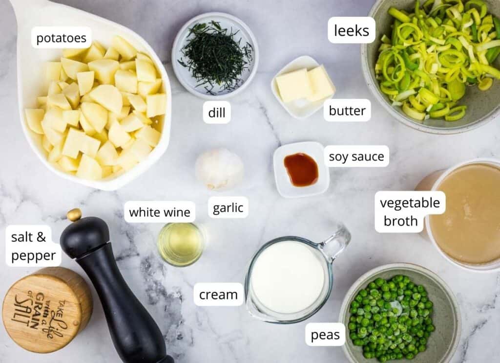 Labeled ingredients to make Potato & Pea Chowder.