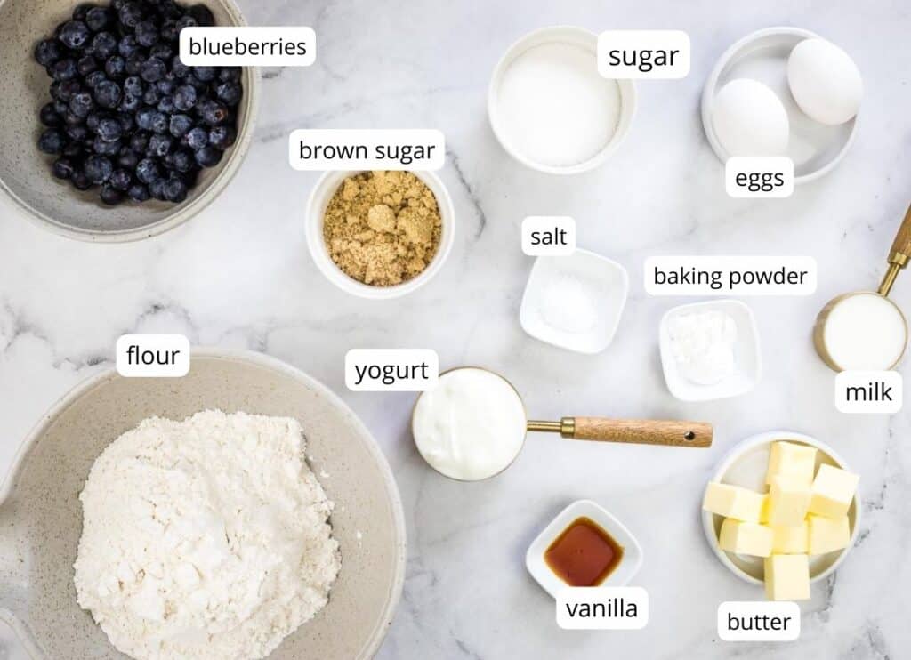 Labeled ingredients to make mini blueberry muffins.
