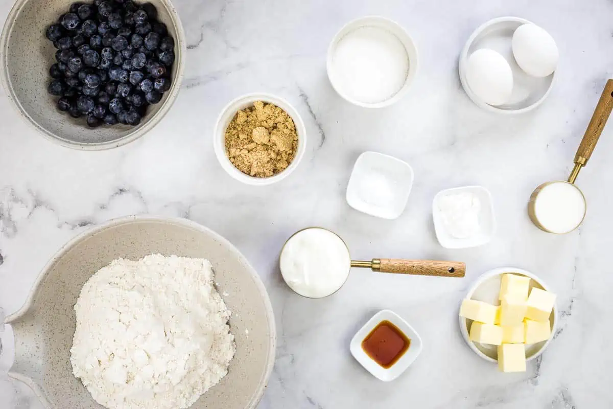 Ingredients to make Mini Blueberry Muffins.