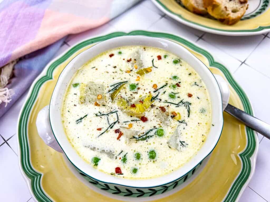 A bowl of Potato & Pea Chowder in a bowl.