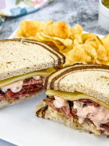 A top-down shot of a Pastrami Reuben Sandwich