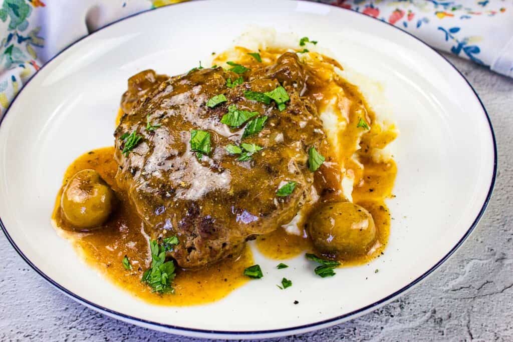 Salisbury Steak with gravy on mashed cauliflower.