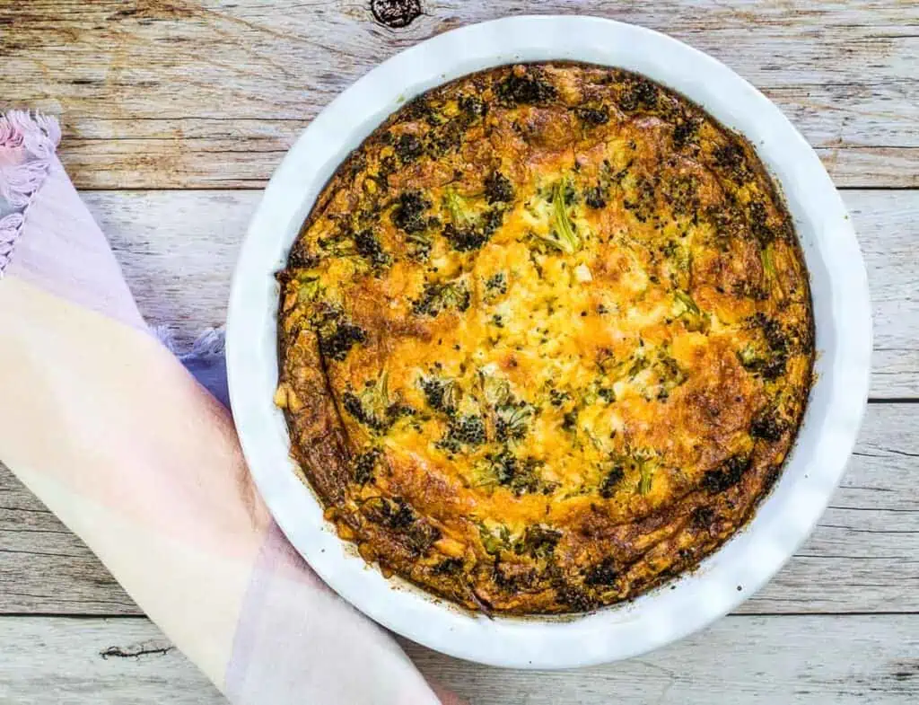 A top-down shot of a whole quiche.