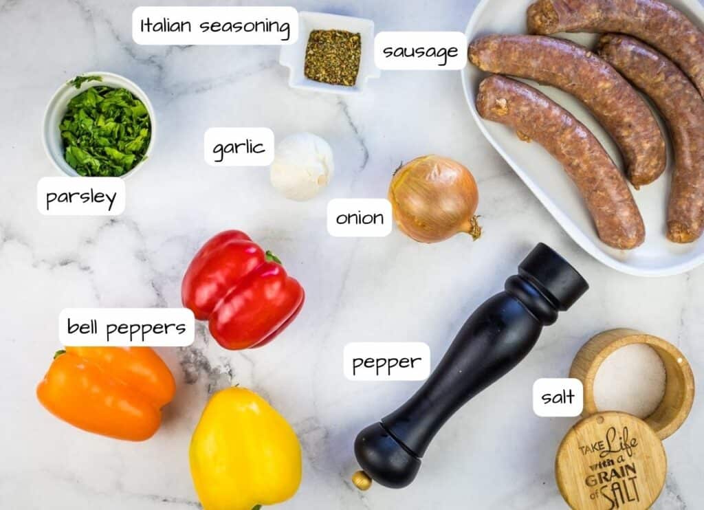 Labeled ingredients to make Blackstone Sausage & Peppers.
