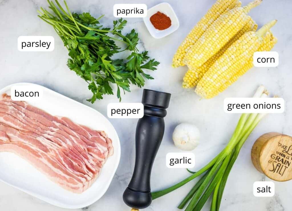Labeled ingredients to make Bacon Fried Corn.