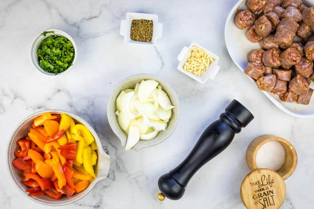 Ingredients to make Blackstone Sausage & Peppers.