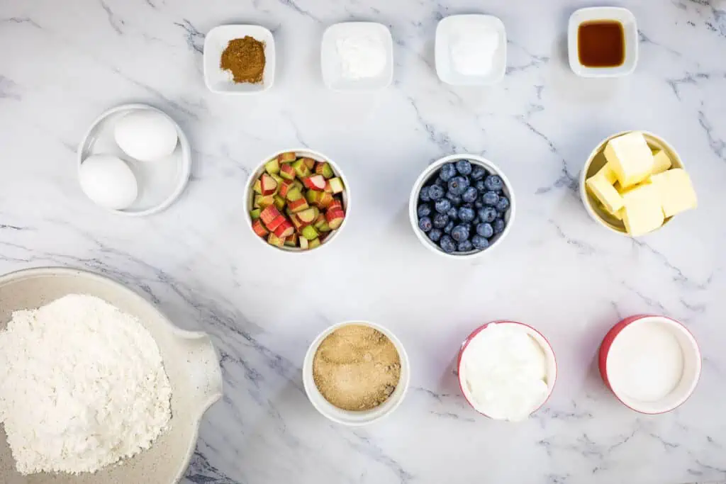 Ingredients to make Blueberry-Rhubarb Muffins with Streusel Topping.