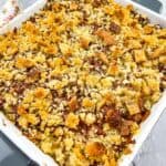 A closeup shot of Corned Beef Hash Casserole.