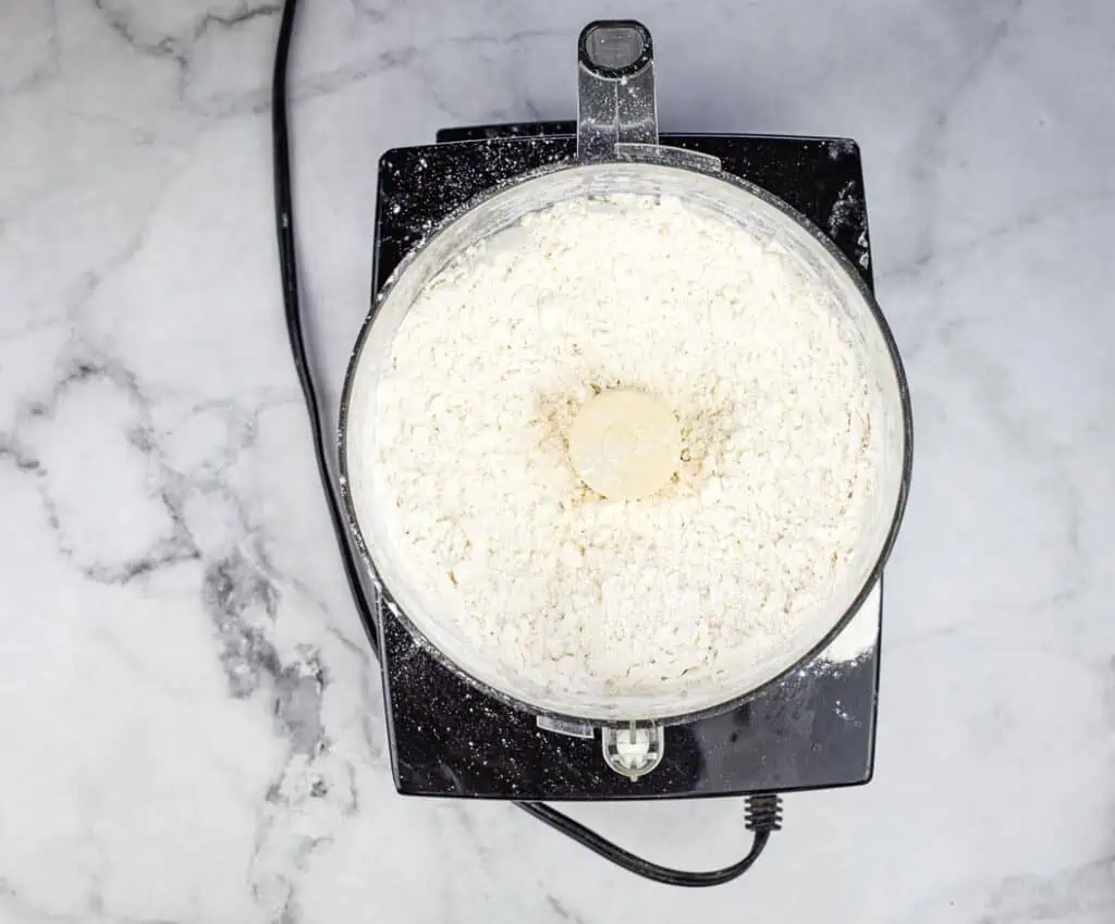 Pulsing dry ingredients and butter in food processor.