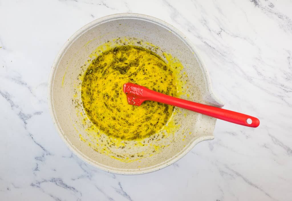 Dressing ingredients mixed in a bowl.