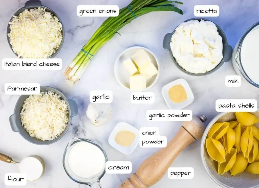 Labeled ingredients to make Giant Cheese Stuffed Pasta Shells.