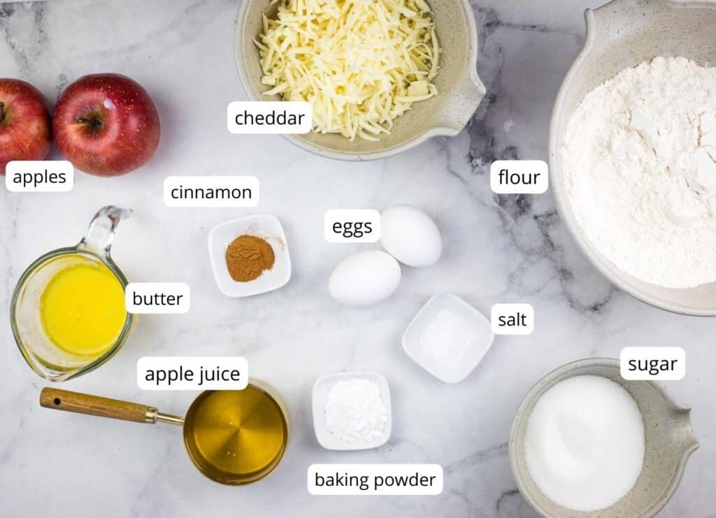 Labeled ingredients to make Apple Cheddar Muffins.