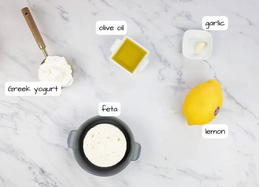 Labeled ingredients to make Whipped Feta.