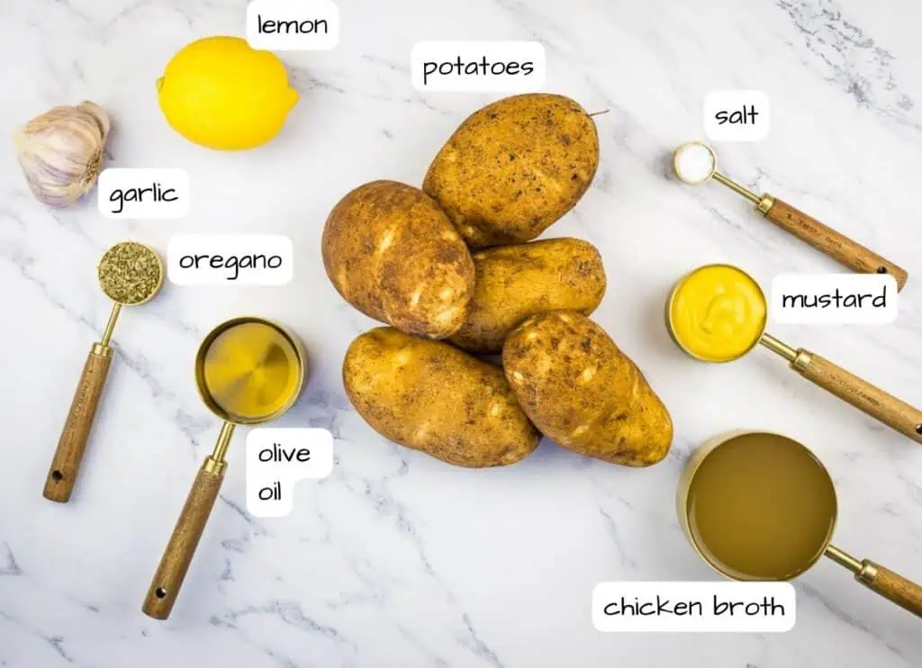 Labeled ingredients to make Greek Lemon Potatoes.
