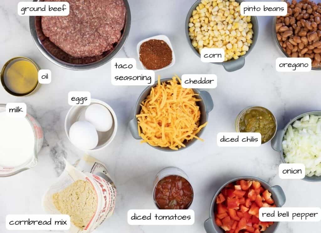 Labeled ingredients to make Cowboy Cornbread Casserole.