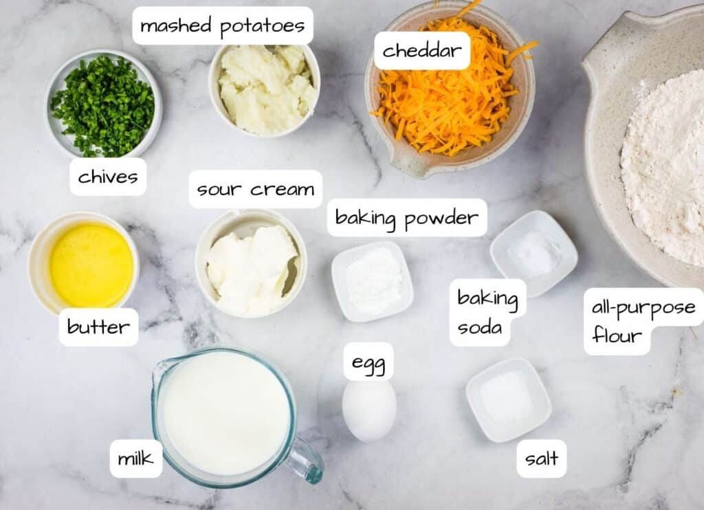 Labeled ingredients to make Potato Cheese Bread.