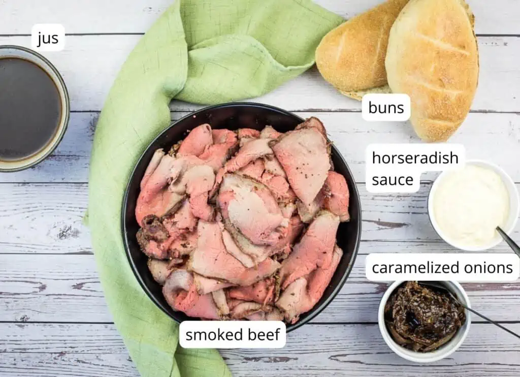 Labeled ingredients to make Smoked French Dip Sandwiches.