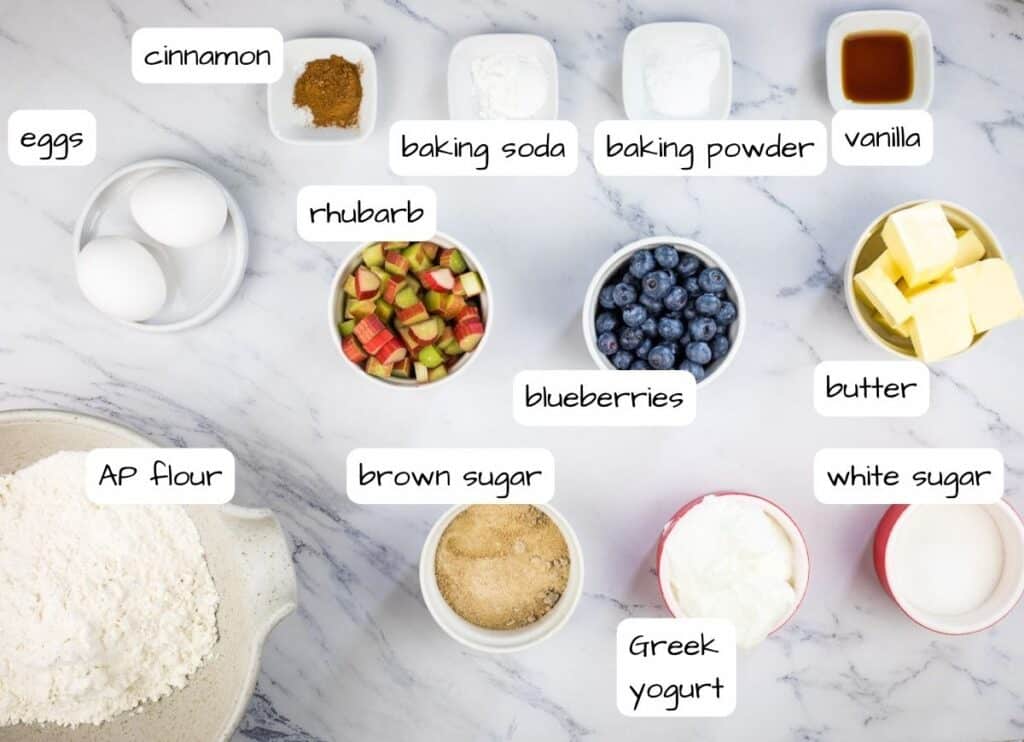 Labeled ingredients to make Blueberry-Rhubarb Muffins.