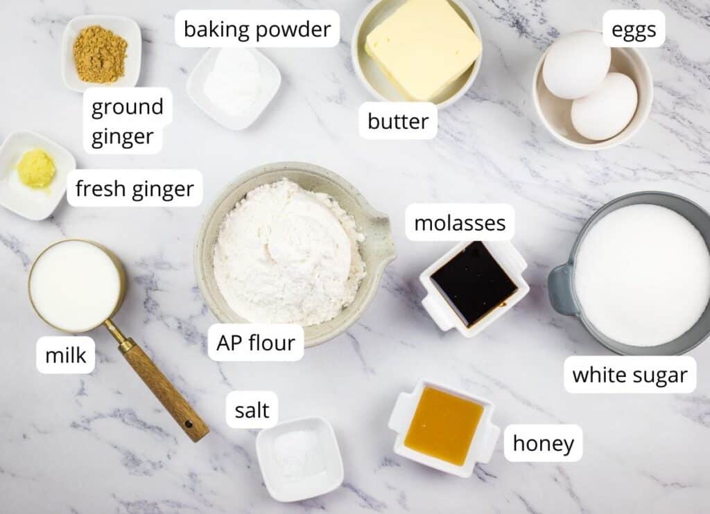 Labeled ingredients to make Triple Ginger Cake.