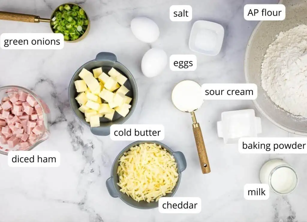 Labeled ingredients to make Ham & Cheese Scones.