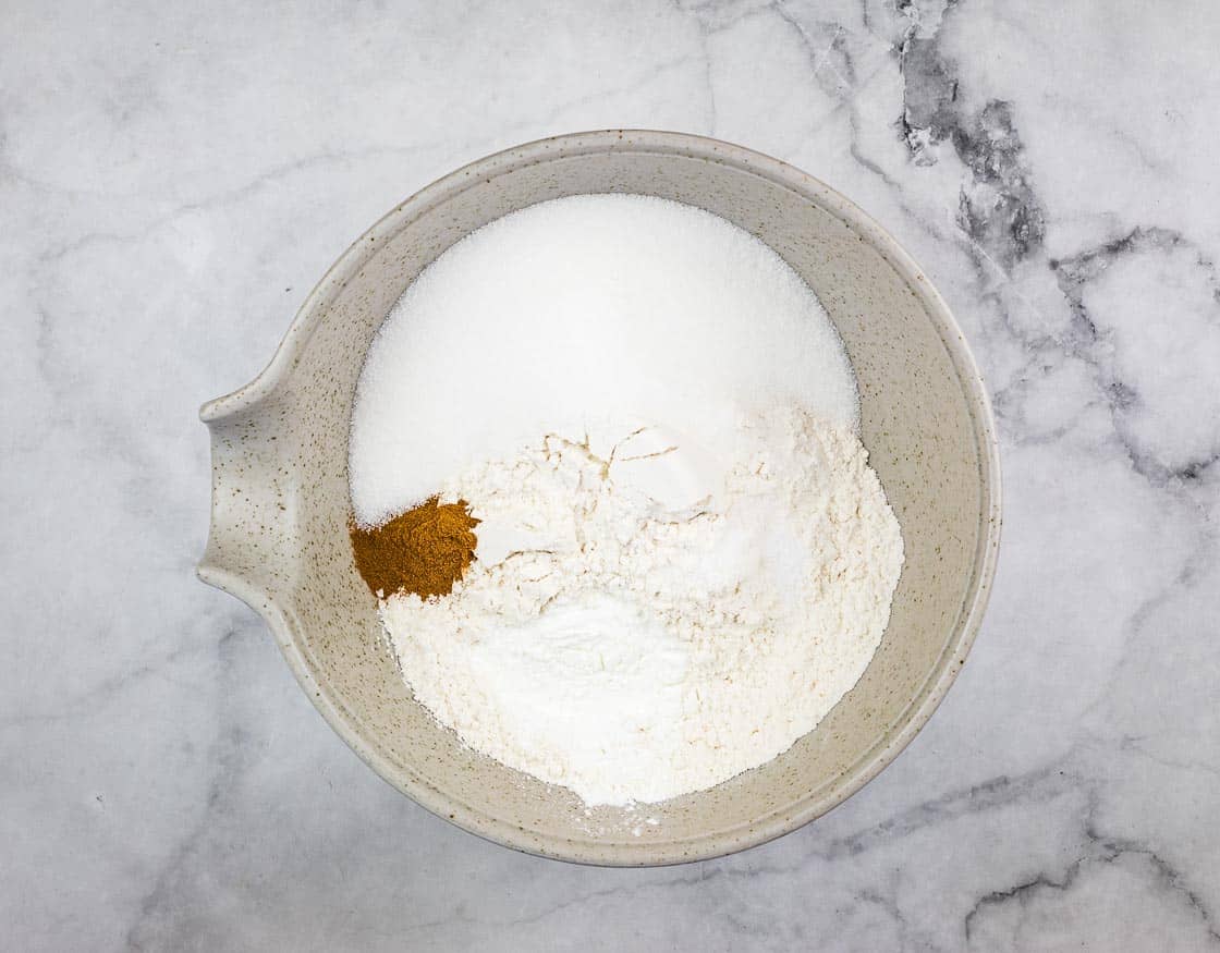 Mixed dry ingredients in a large bowl.