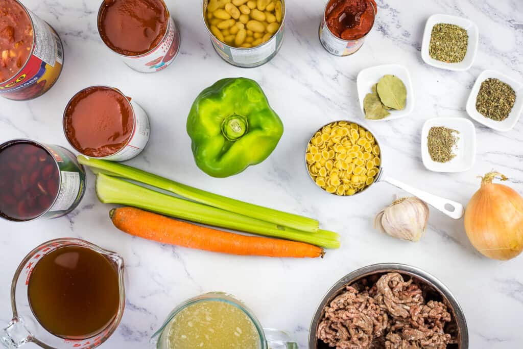 Ingredients to make Pasta e Fagioli Soup.