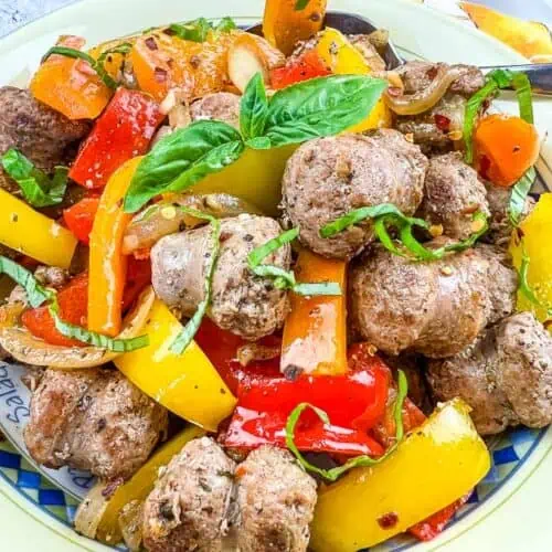 Blackstone Sausage & Peppers in a serving bowl.