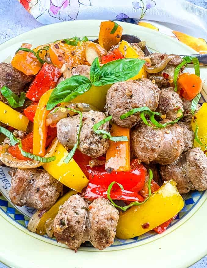 Blackstone Sausage & Peppers in a serving bowl.