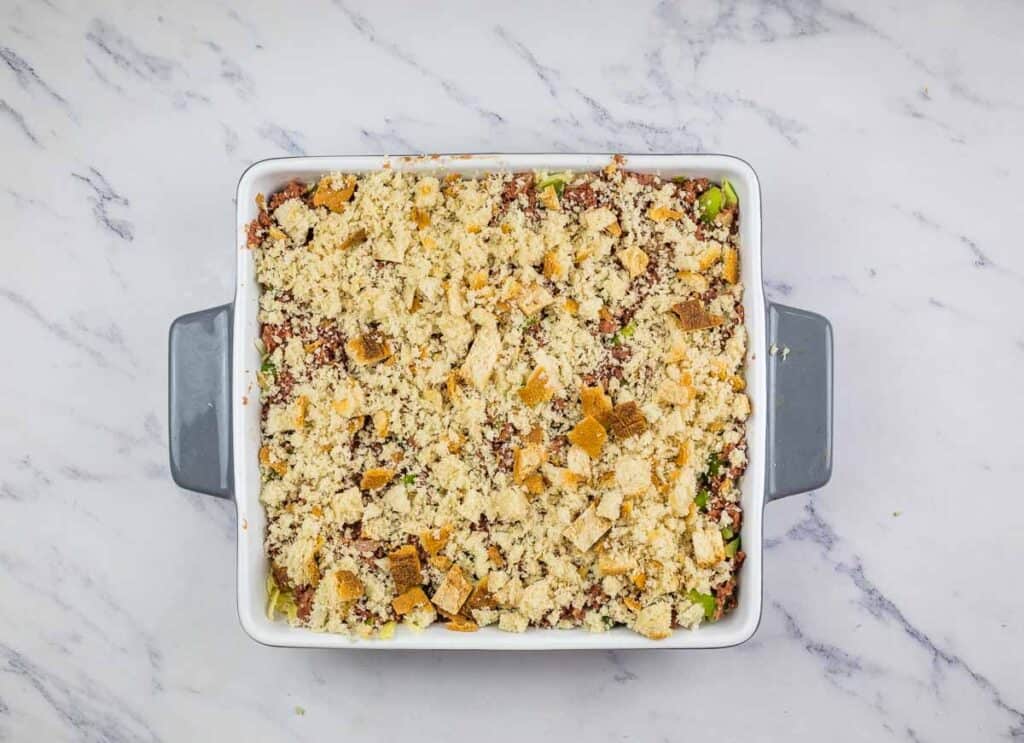 Casserole topped with buttered crumbs.