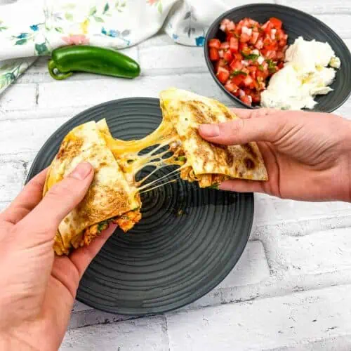 Two hands pulling apart a Chicken Al Pastor Quesadilla.