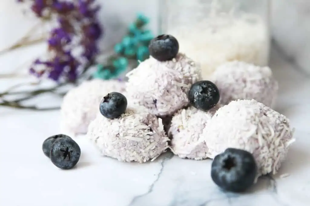 Blueberry Fat Bombs on a counter.