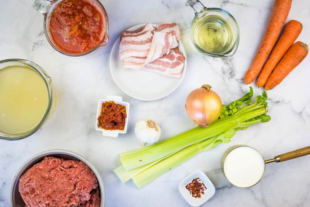 Ingredients to make ragu Bolognese.