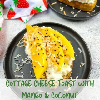 Cottage Cheese Toast with Mango on a black plate.