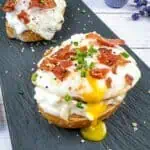 Cottage Cheese Toast with Sunny-Side Up Egg & Bacon.