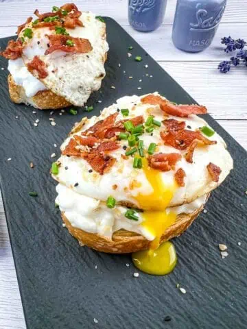 Cottage Cheese Toast with Sunny-Side Up Egg & Bacon.