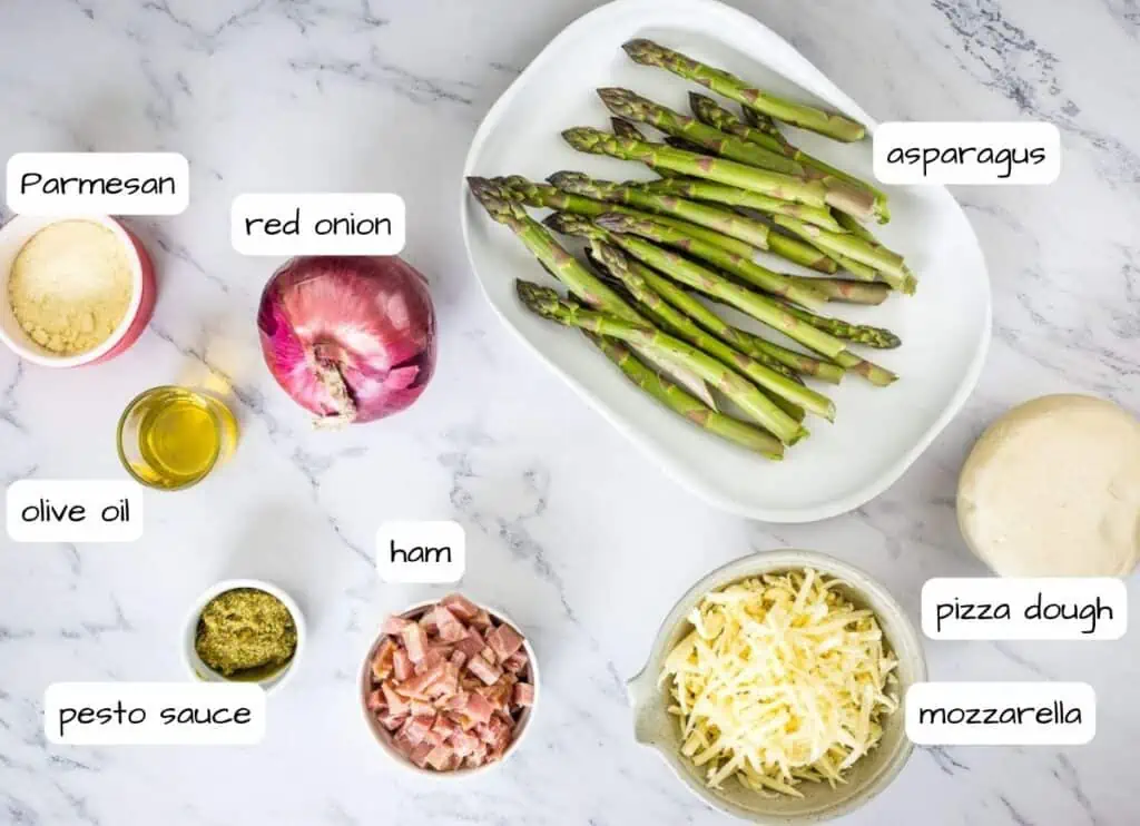 Labeled ingredients to make Ham & Asparagus Pizza.