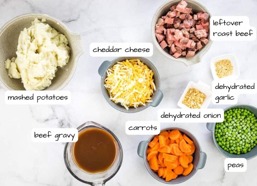 Ingredients to make Leftover Roast Beef Shepherd's Pie.