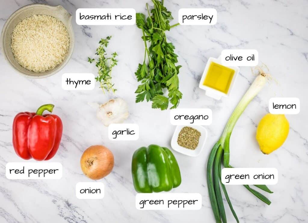 Labeled ingredients to make Mediterranean Rice.