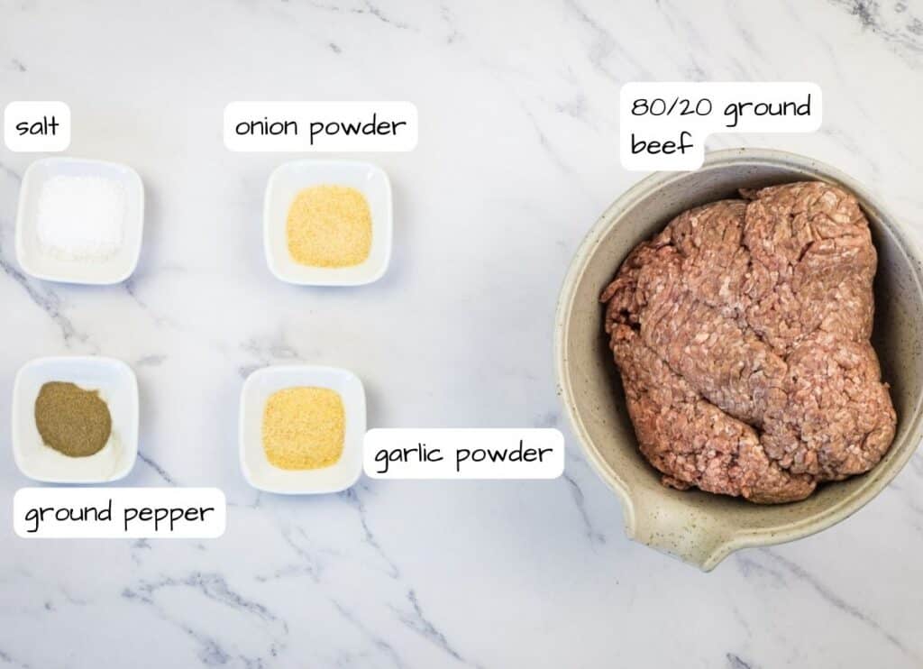 Labeled ingredients to make Blackstone Smash Burgers.