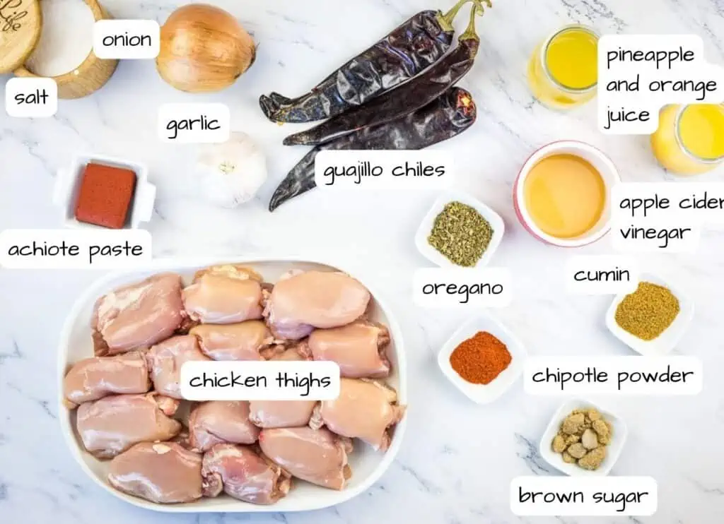 Labeled ingredients to make Smoked Chicken Al Pastor.